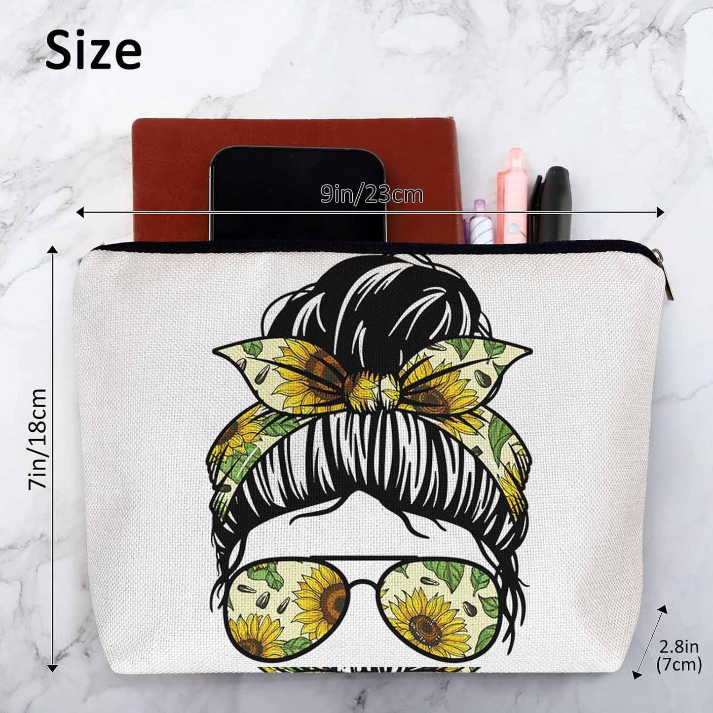 Women Makeup Organizer Bag Sunflower Woman, Messy Bun Woman Sunflowers Glasses Flax Cosmetic Bag Makeup Bags Toiletry Bag Accessories Organizer Travel Bags For Home Bathroom Office Hotel Gym