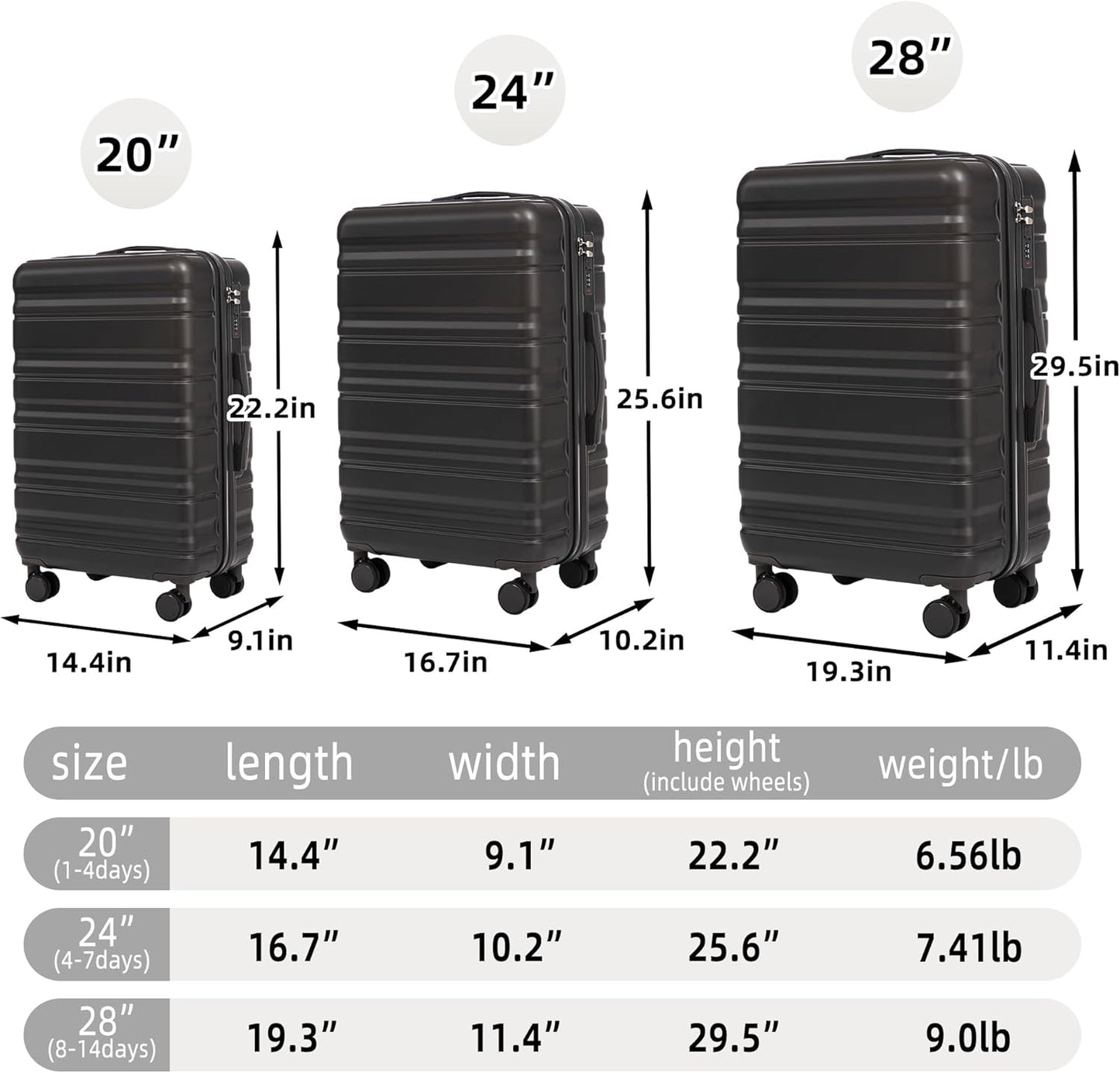 Campfun 3 Piece Luggage Sets, ABS Suitcase Set with Double Spinner Wheels Hang Hook, Durable Carry On Luggage with Combination Lock, 20/24/28 inch, Black