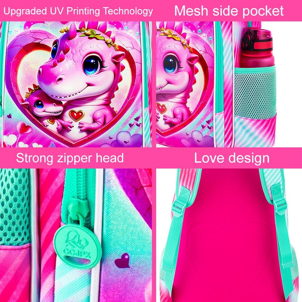 3PCS Girls Backpack, Kids Water Resistant Heart Bookbag Set with Lunch Box, Cute Kids School Bag for Preschool Toddler