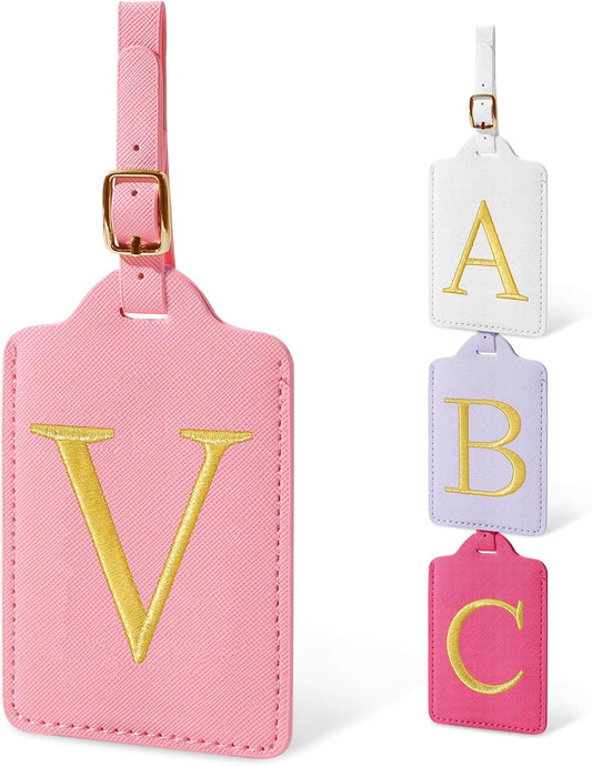 Unique Initial Letter Luggage Tags for Suitcases, Monogrammed Suitcase Luggage Identifier Tag,PU Leather TSA Approved Luggage Tags,Bag Tags for Men Women Kids Luggage Baggage(Pink V)