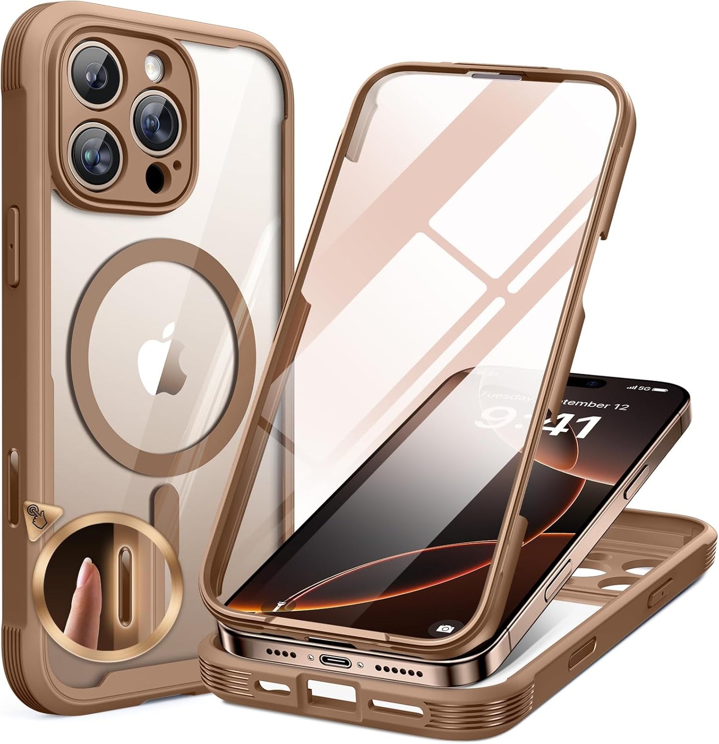 Miracase Magnetic for iPhone 16 Pro Case Full-Body Phone with Built-in Glass Screen Protector, [Compatible with MagSafe] Military Drop Proof 16 Pro Cover Bumper 6.3 inch, Gold Brown