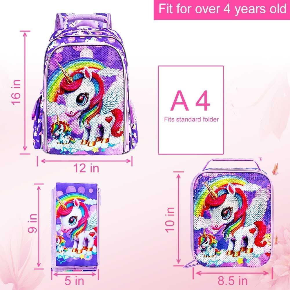 UFNDC 3PCS Unicorn Backpack for Girls, 16”Kids Sequin Bookbag with Lunch Box, Water Resistant