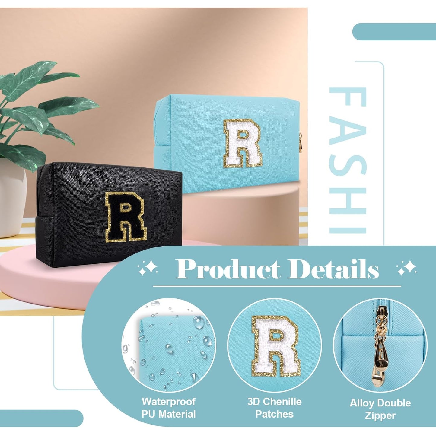 Small Personalized Initial A-Z Preppy Patch Makeup Bag,PU Chenille Letter Travel Cosmetic Pouch with Zipper,Blue Cute Toiletry Bag,Gift Ideal for Teen Girls Women Teacher Bridesmaid,Letter R