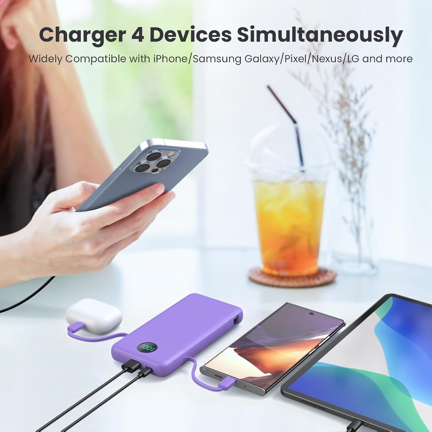 Portable Charger 13800mAh Slim USB C Power Bank with Built in Cables and Wall Plug,LCD Display Lightweight Travel Battery Pack,PD Fast Charging Compatible with iPhone 17,16,15,Samsung Android-Purple