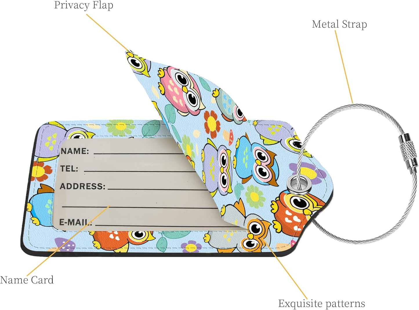 2 Pcs Luggage Tags for Suitcase, Cute Unique PU Leather Travel Bag Tag with Privacy Cover ID Label Address Card and Durable Metal Ring Suitable for Men Women Children Backpack,Owls