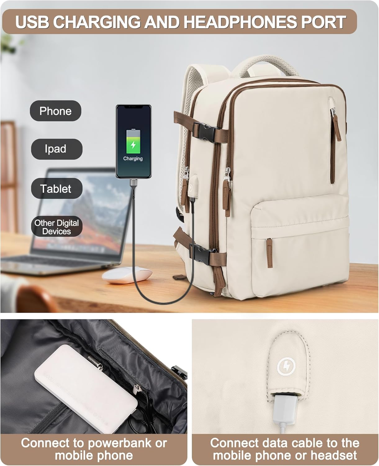 Large Travel Backpack Bag for Women Men,Carry on Backpack,17 Inch Laptop Business Work Waterproof Backpack with Laptop Compartment,Person Item Flight Approved,Mochila de Viaje,Beige with Brown Large