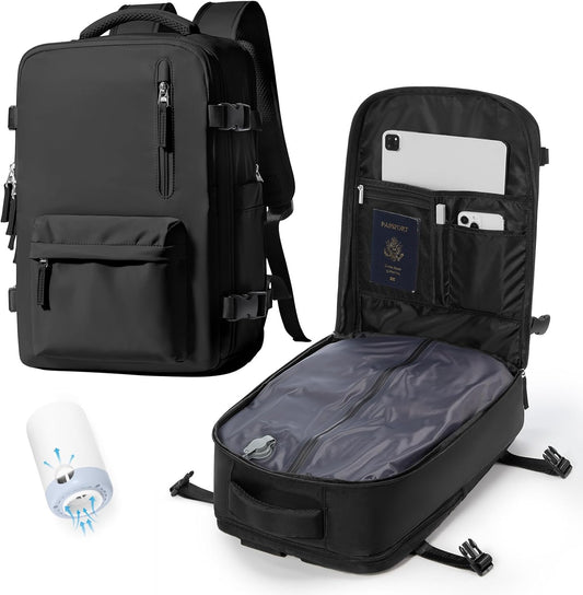 Vacuum Backpack Travel with pump,Large Travel Backpack with Vacuum Seal System,Personal Item Travel Bag Frontier Airlines Approved 18x14x8,Mochila Compresion al Vacio,Laptop Backpacks,Black