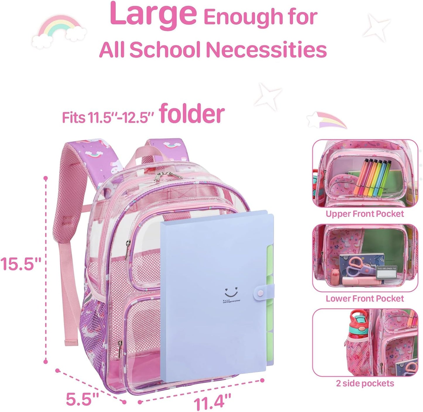 Bagseri Kids Clear Backpack Girls - 15 Inch Clear Bookbag for Kids Aged 3 to 8 Heavy Duty Transparent Backpack for School, Cute See Through Bag with Reflective Strip, Purple Unicorn