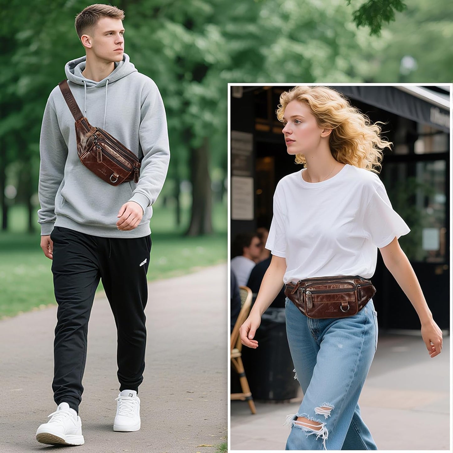 Genuine Leather Fanny Pack HandMade Durable cowhide Waist Bag Lots of Anti-theft zipper pocket