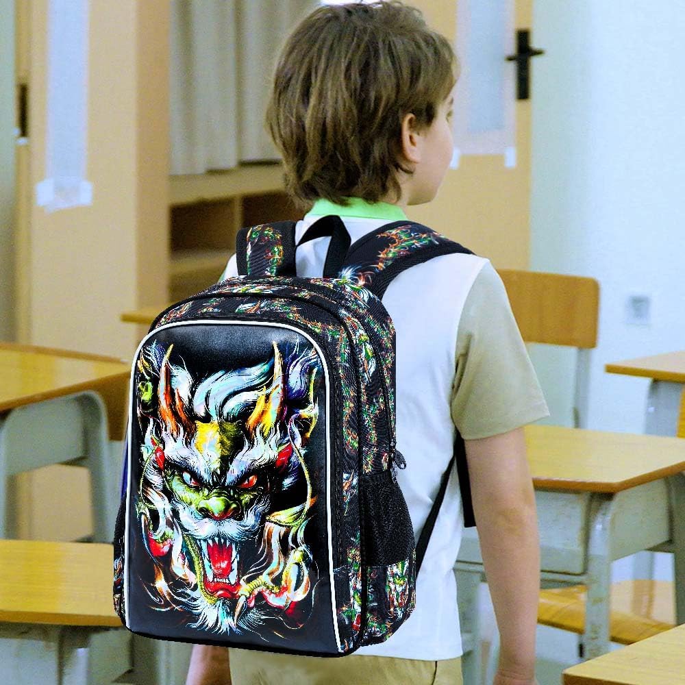 UFNDC 3PCS Kids Dragon Backpack, Boys School Bag with Lunch Box, 17" Water Resistant Bookbag for Teenagers Elementary Middle