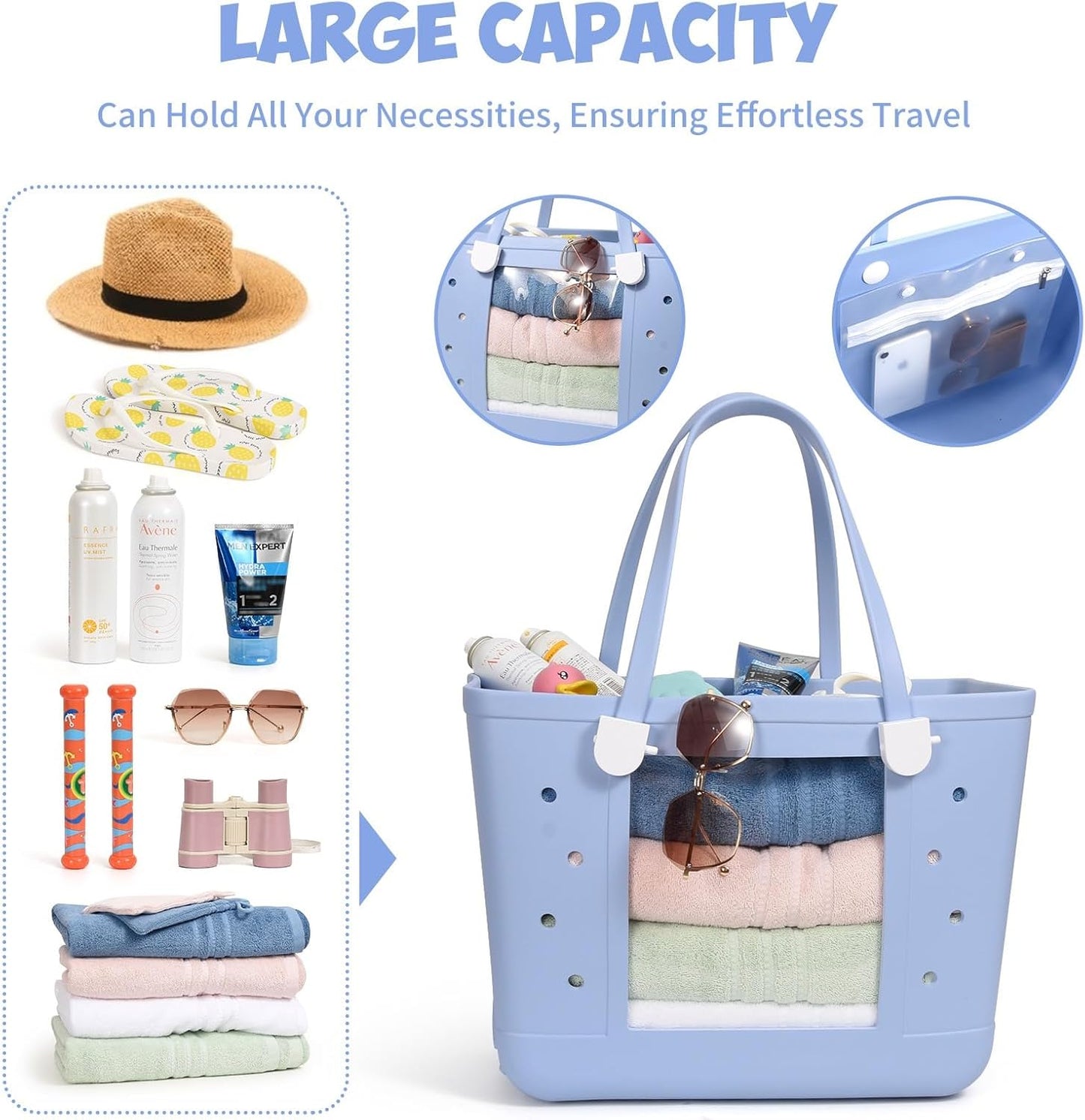 Rubber Beach Bag, Washable Moisture Resistant Durable Open Hole Tote Bag Beach Vacation Essentials