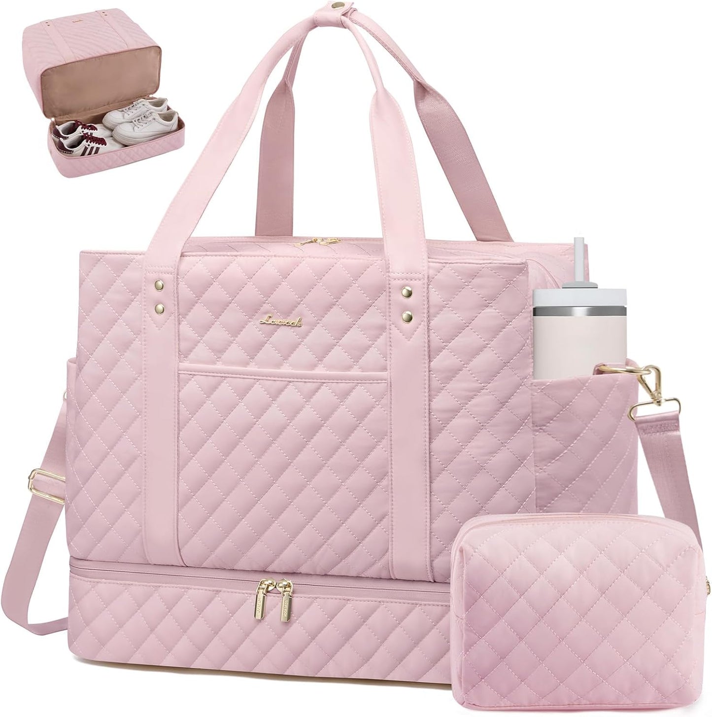 LOVEVOOK Large Travel Duffle Bag for Women, 45L Weekender Bags with Shoe Compartment & Wet Pocket, Quilted Carry On Personal Item Bag, Overnight Hospital Bags for Labor Delivery Pink