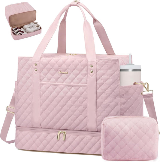 LOVEVOOK Large Travel Duffle Bag for Women, 45L Weekender Bags with Shoe Compartment & Wet Pocket, Quilted Carry On Personal Item Bag, Overnight Hospital Bags for Labor Delivery Pink