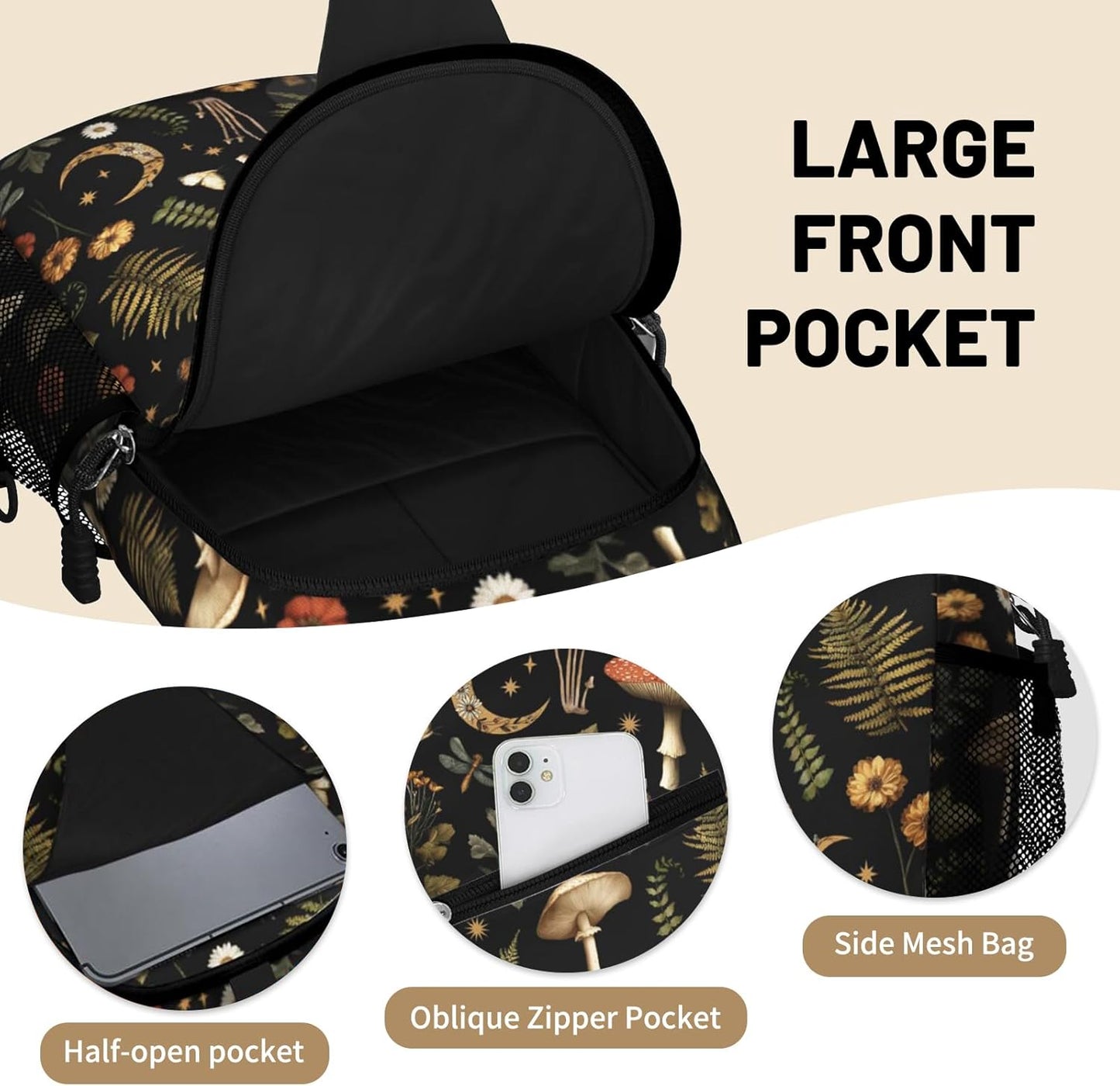 Black Mushroom Plant Sling Bag Crossbody Chest Bag for Women Men, Water Resistant Lightweight