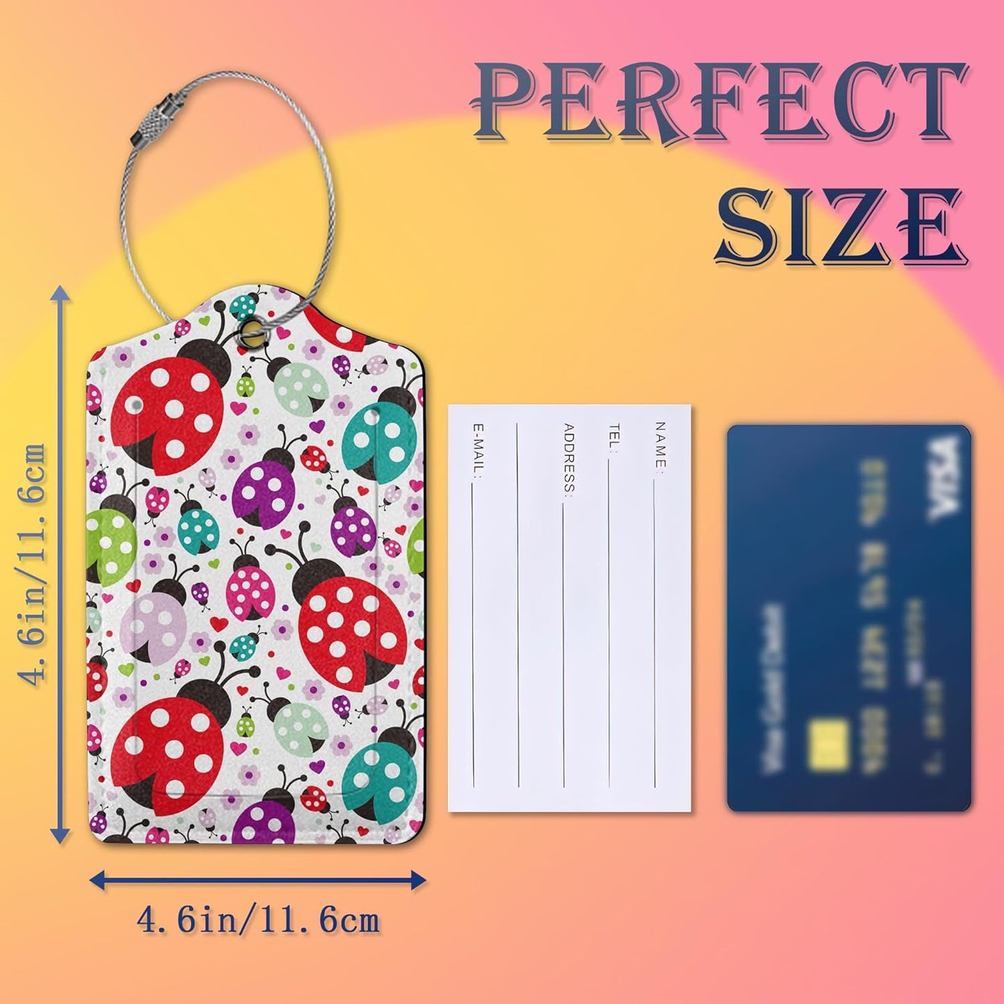 Luggage Tags for Suitcase,2 Pack Colorful Ladybug Insect Flower Leather Travel Cruise Luggage Tag with Privacy Flap,Name ID Label and Metal Loop for Women Girls Suitcase Backpack
