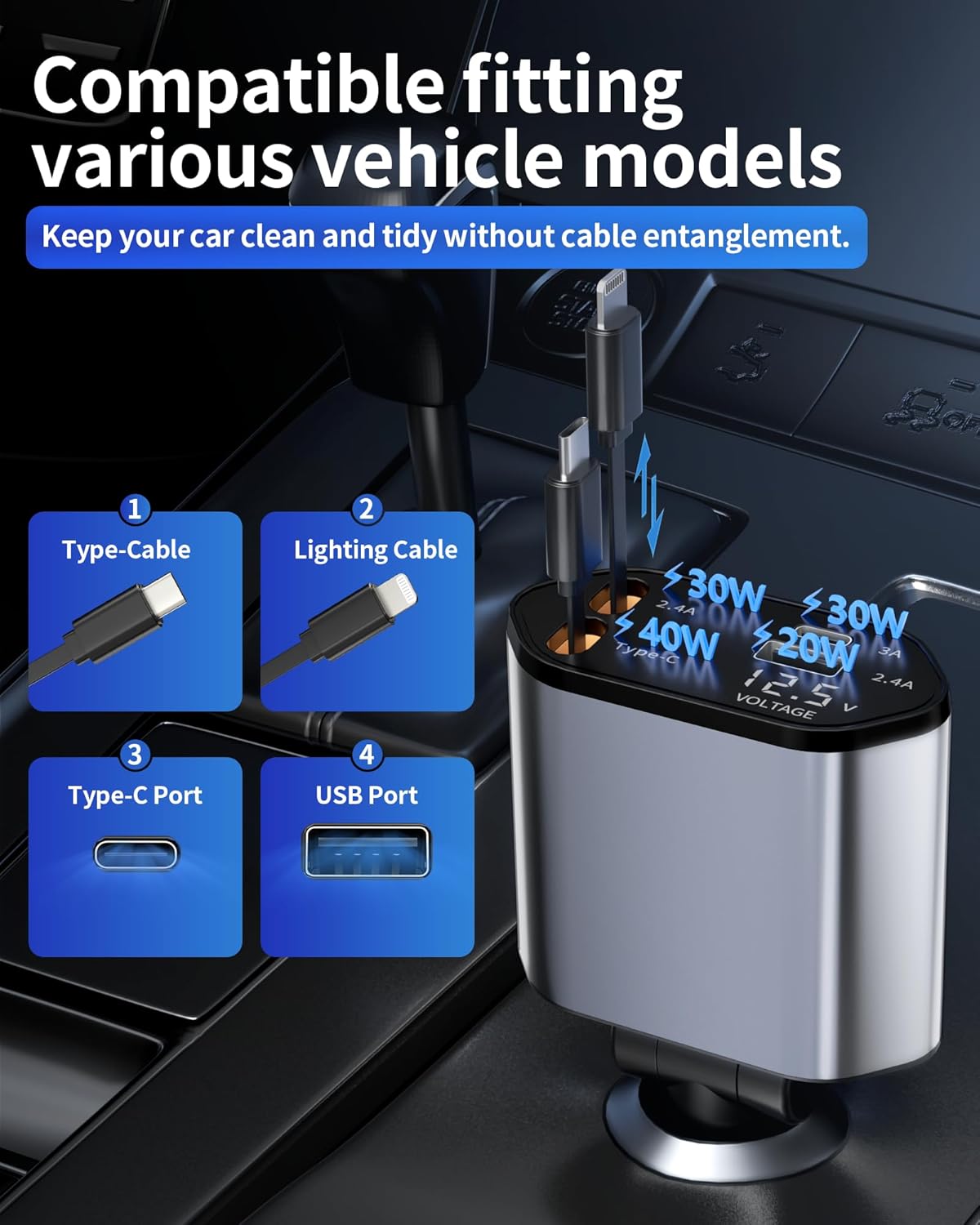 Retractable Car Charger, 4 in 1 Fast Charging Car Charger USB-C & USB-A Compatible with iPhone 16/15/14/13/12/11,Galaxy,Pixel