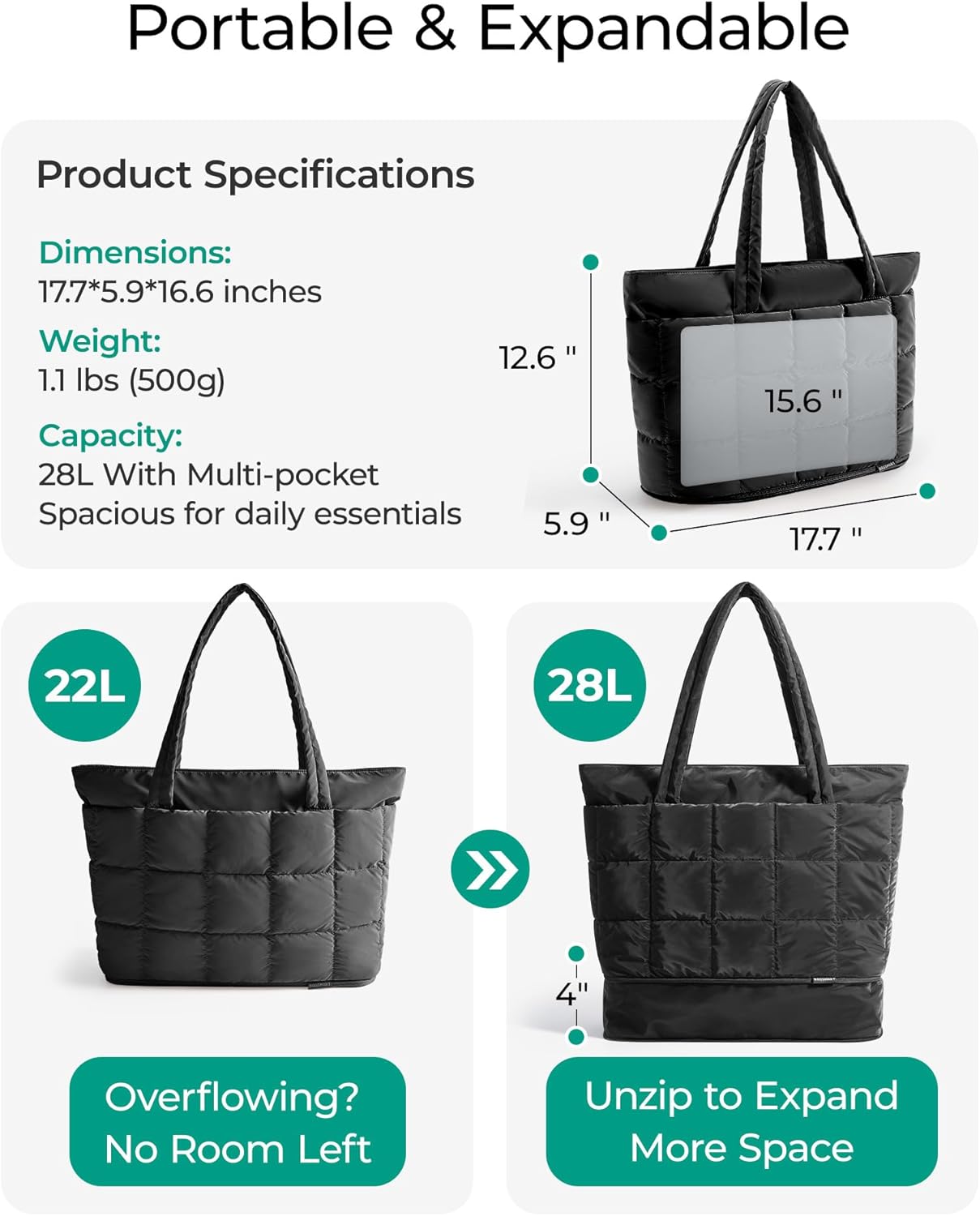 BAGSMART Expandable Tote Bag for Women, Puffer Work Tote Handbag, Quilted Carry-On Travel Gym Bag
