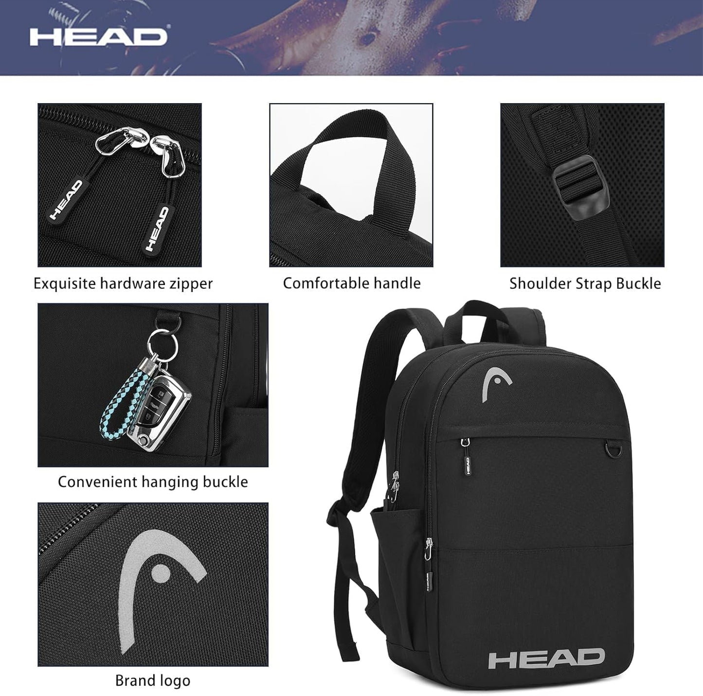 HEAD Waterproof Travel Backpack for Women & Men, Lightweight Laptop Backpack Computer Bags fits 15.6 inch Notebook, Casual Daypack College Backpacks for Weekender Overnight/Sports Gym/Work/Fitness