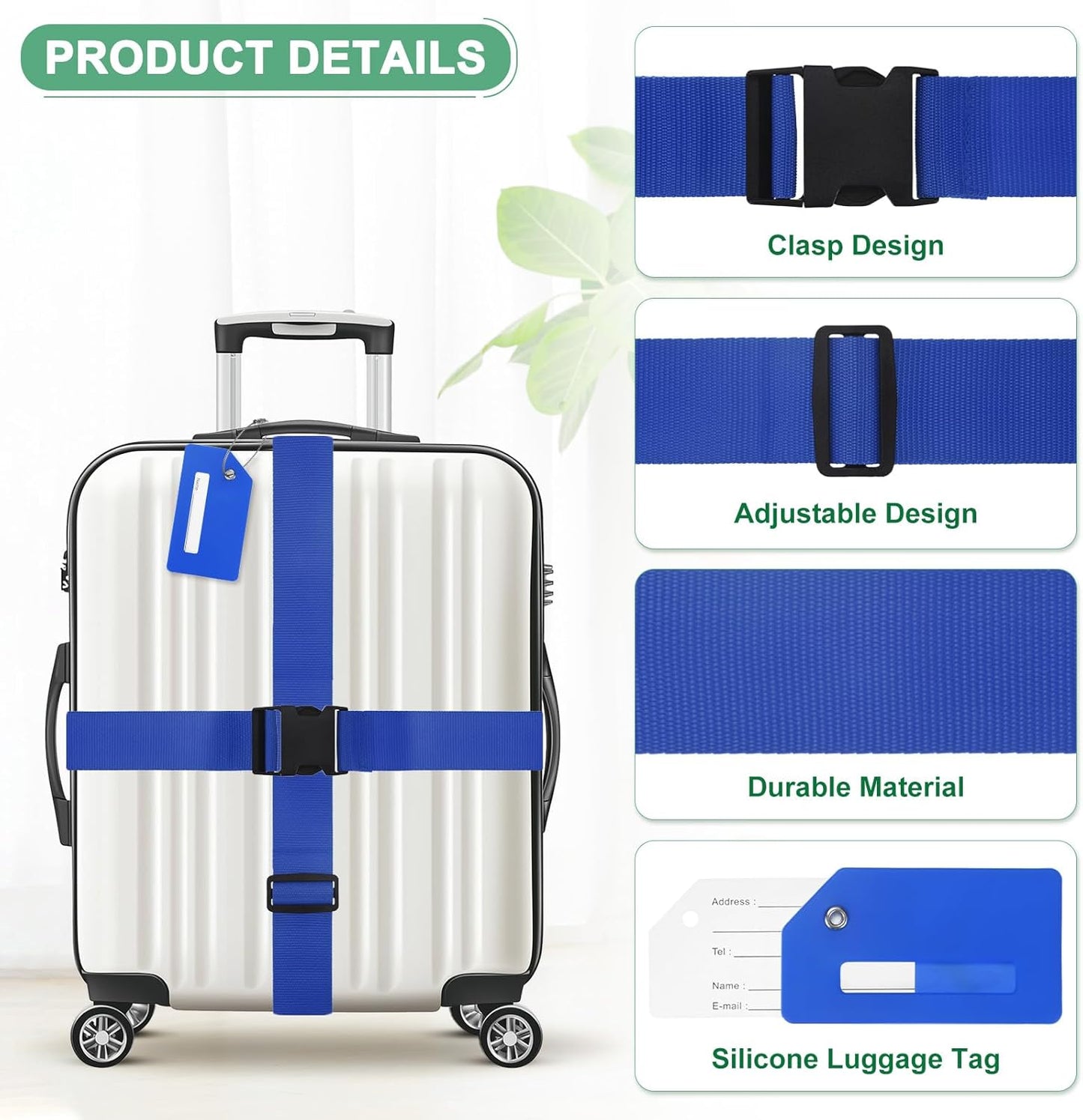 4-Sets Luggage Straps TSA Approved, Travel Straps for Luggage Suitcase Tags Set, Adjustable Suitcase Belt [Dark Blue]