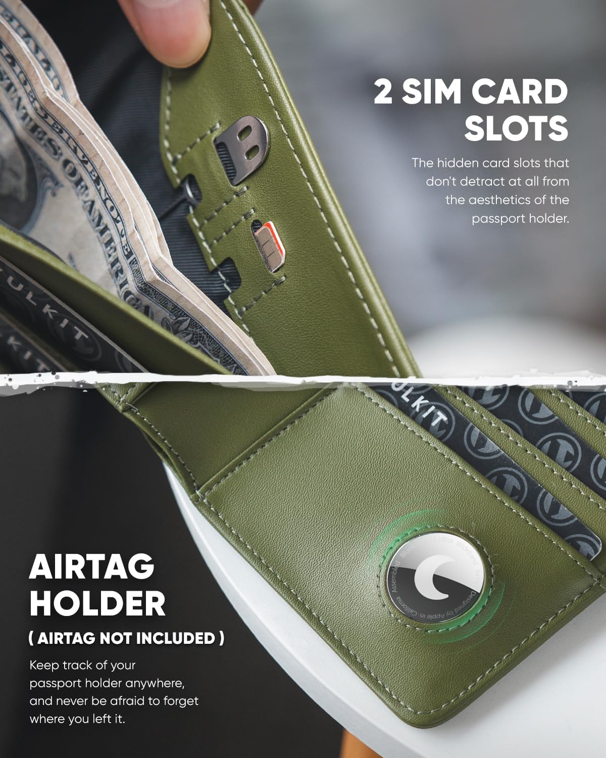 Real Leather Wallet Airtag Compatible RFID Bifold Travel Card Holder Black (Green)