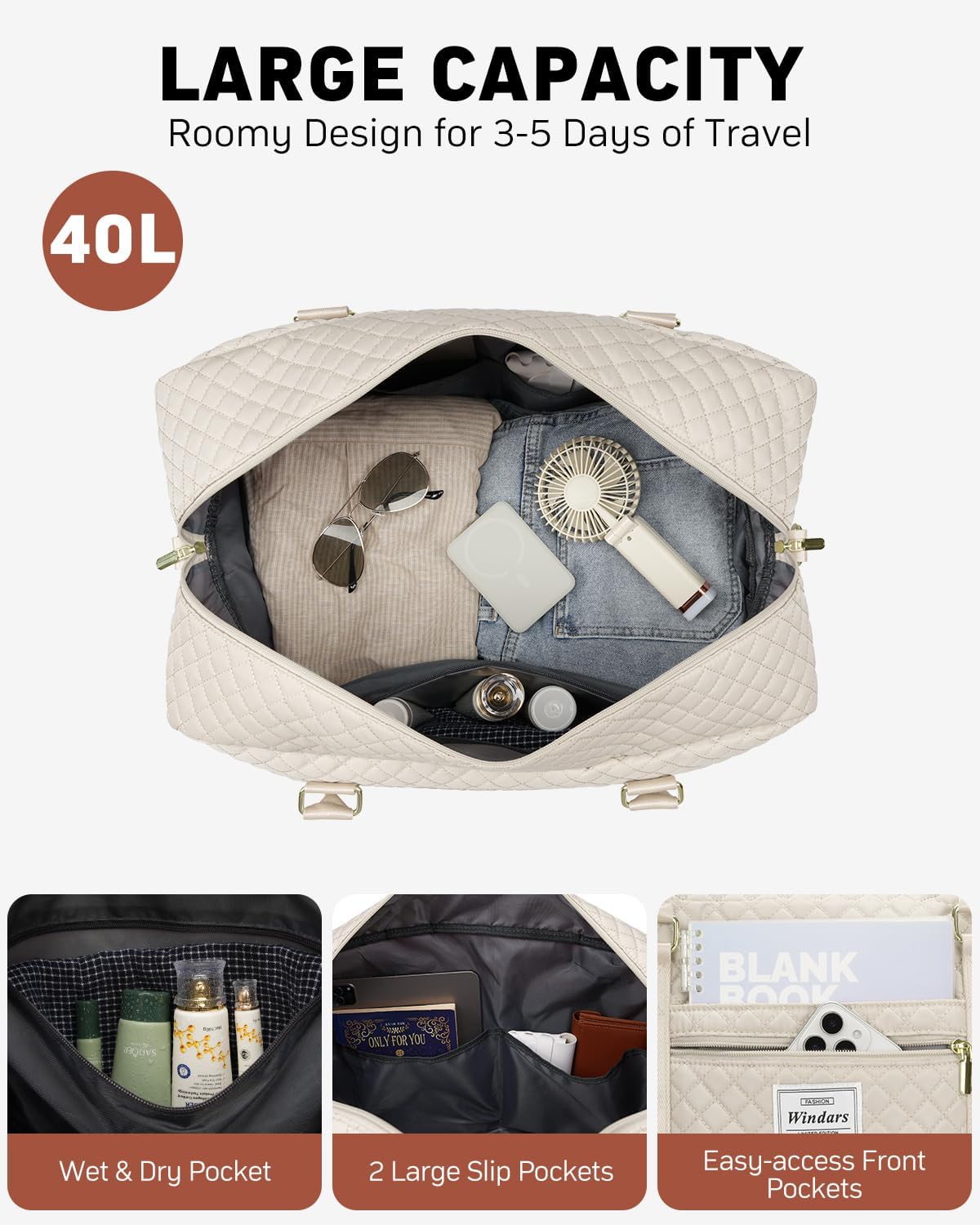 Travel Duffle Bag, Weekender Bags for Women with Shoe Compartment, Carry on Overnight Bag with Toiletry Bag & Wet Pocket, Hospital Bags for Labor and Delivery (Beige)