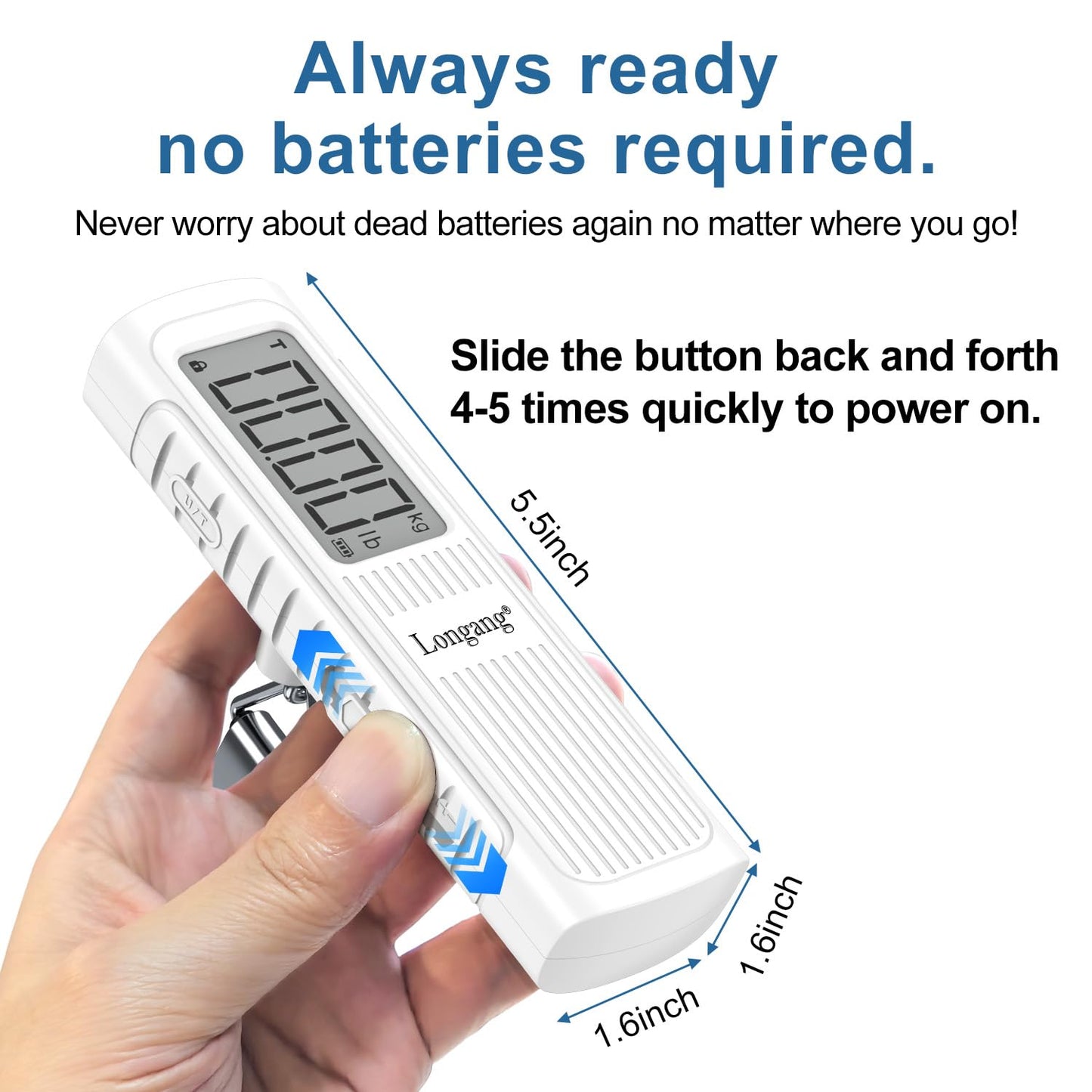 Battery-Free Digital Luggage Scale, 110lbs/50kg Portable Handheld Hanging Scale for Luggages, Suitcases, Backpacks & Bags, Easy Weighing for Travel, No Need Batteries (White)