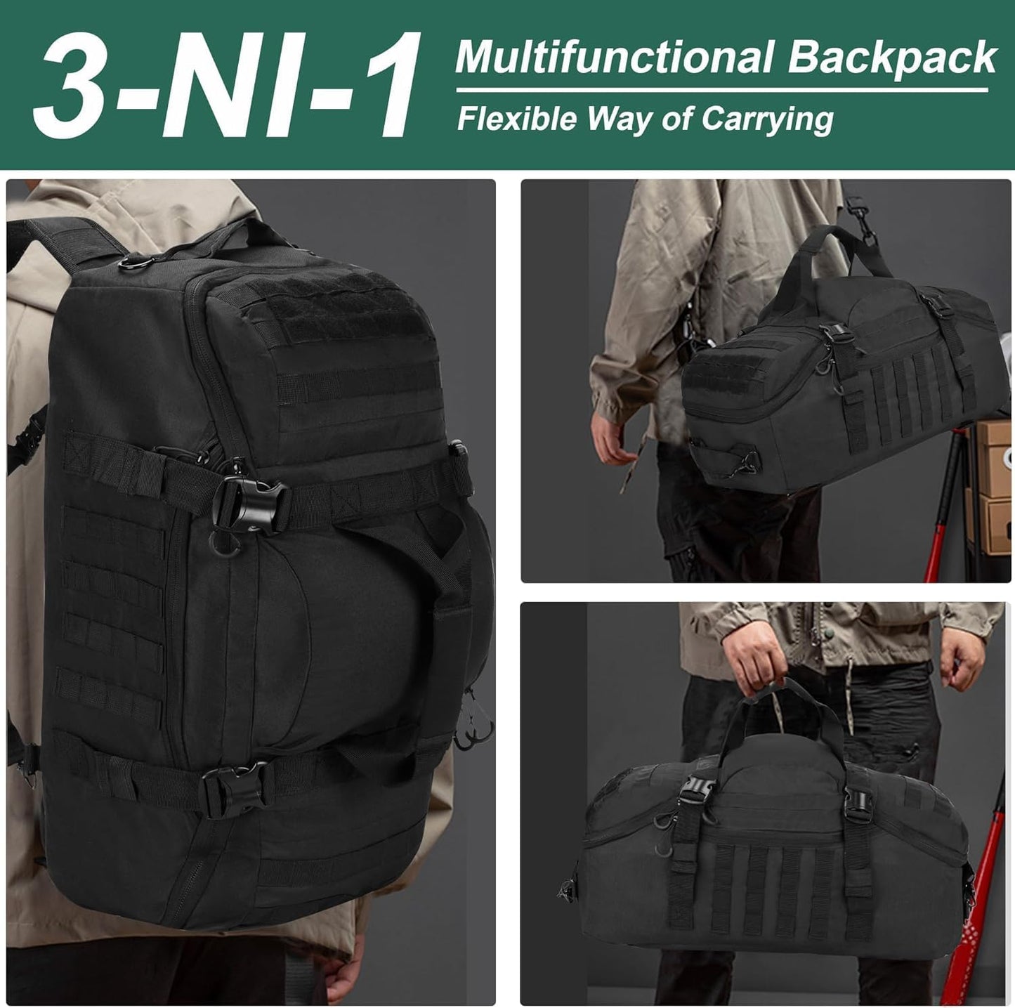 Gym Bag Duffle Bags Backpack Travel Duffle Bag with Weekend Overnight Bag for Outdoor Tactical Sports Travel Camping Hunting (Black, 80L)