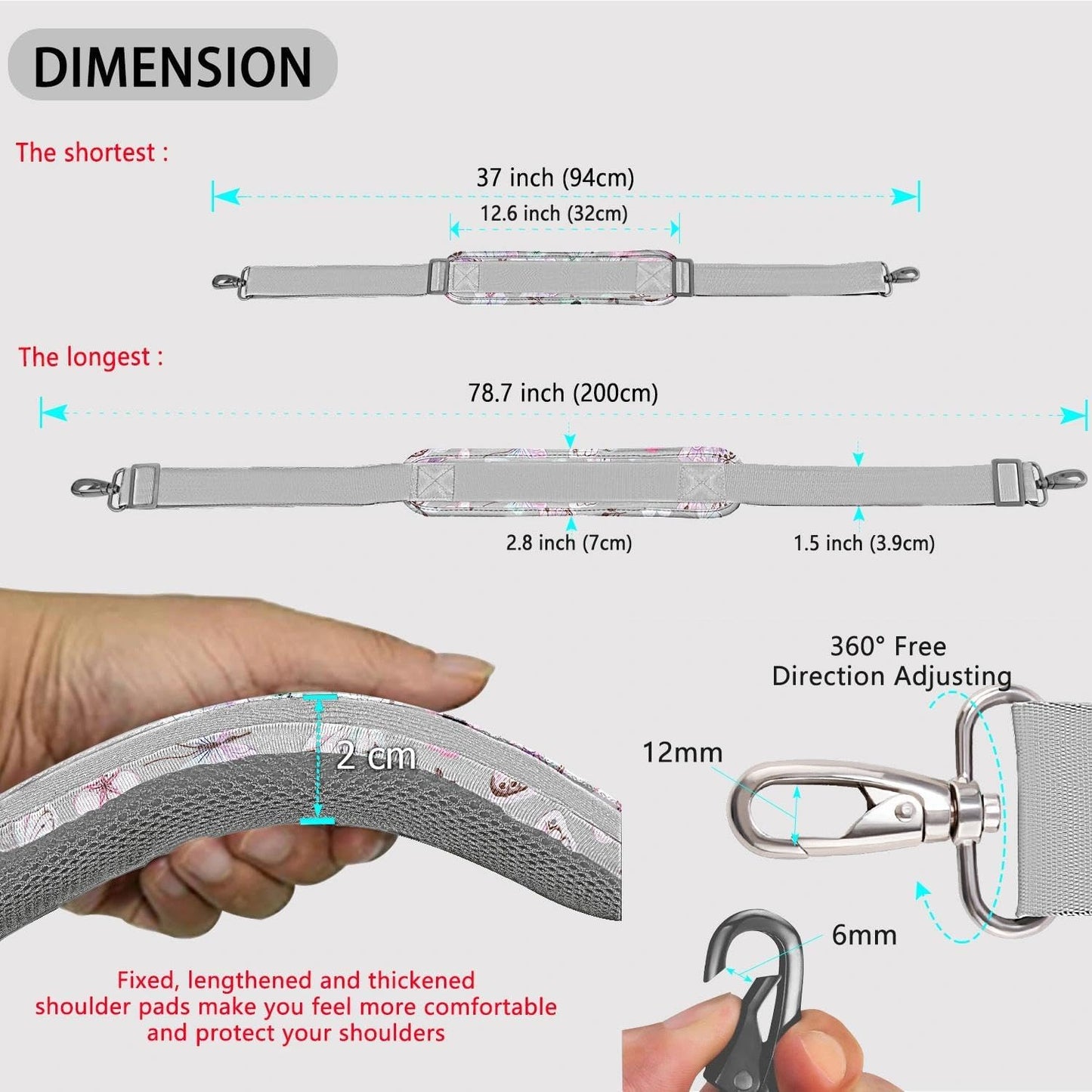 ZINZ 79 inch Shoulder Strap, Extra-thick Fixed Cushion Pad and Dual Clasps Universal Replacement Strap with Metal Swivel Hooks for Laptop Bags, Luggage Bags, Camera, Crossbody(Butterfly)
