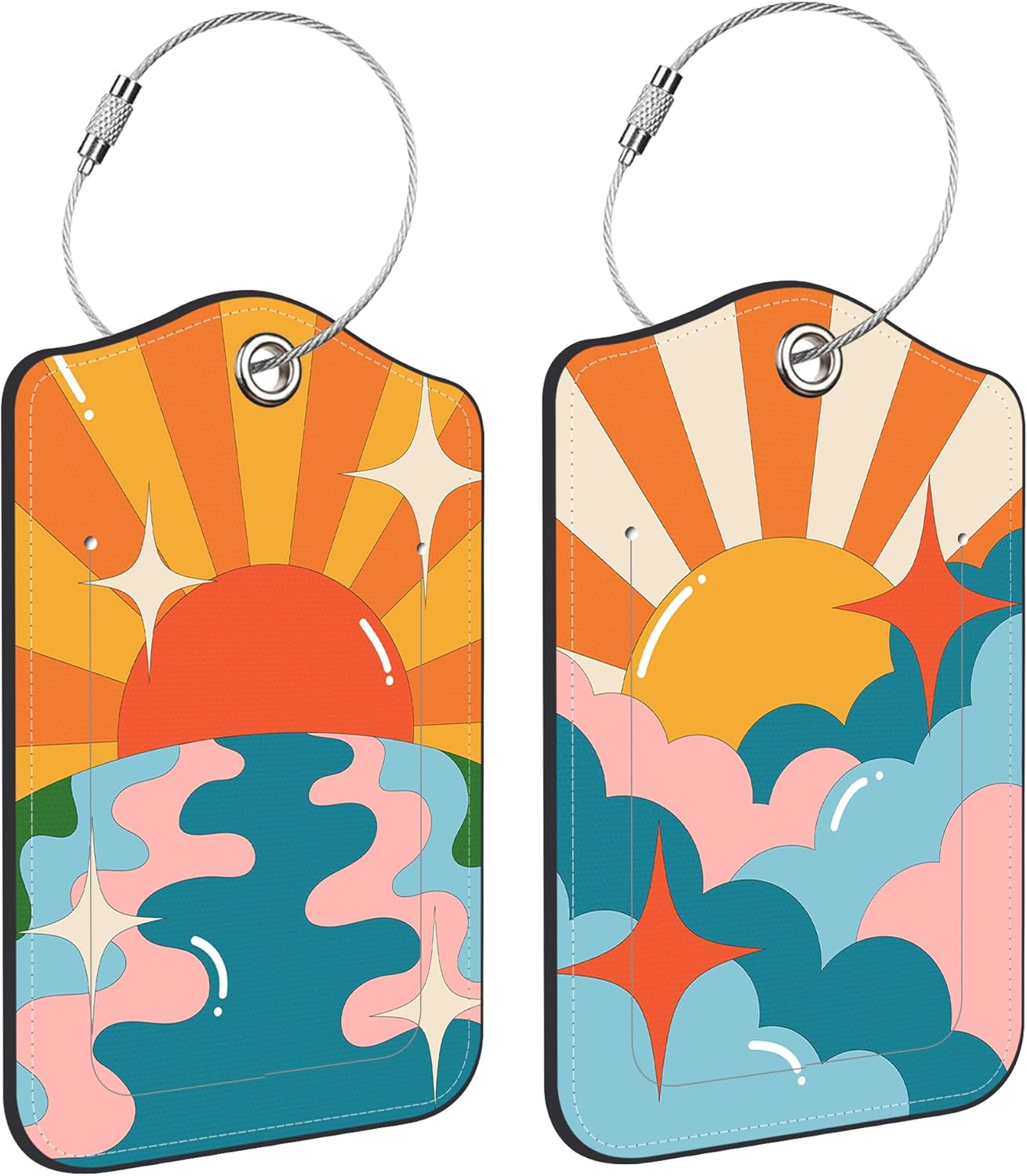 Hippie Mountains Sun Planet Wave Luggage Tag for Suitcase 2 Pack Leather Luggage Tag with Privacy Flap Name ID Label and Metal Loop for Women Men Travel