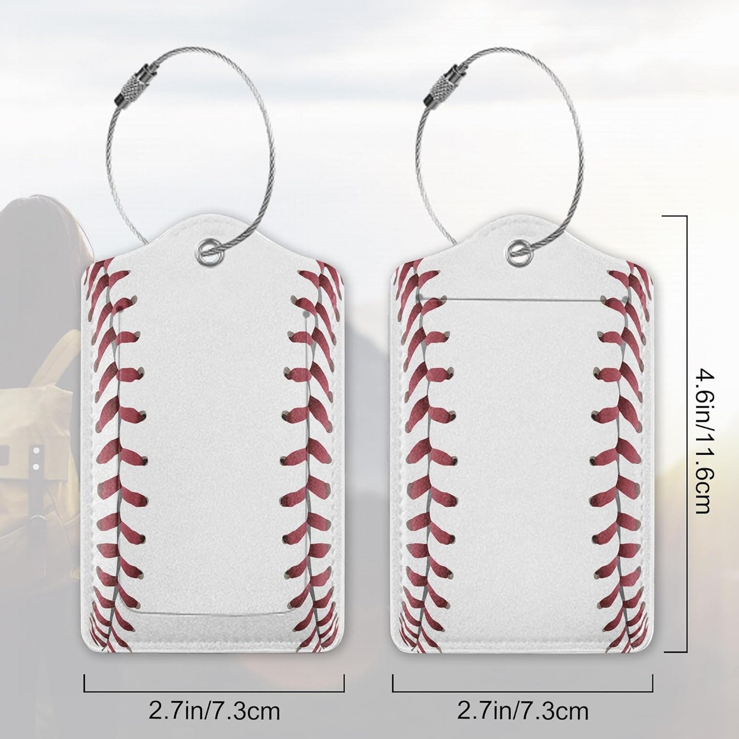 2 Pack PU Leahter Luggage Tag with Stainless Steel Loop, Baseball Luggage Tag Travel Suitcase Labels with Privacy Cover ID Label Quickly Spot for Bags & Baggage