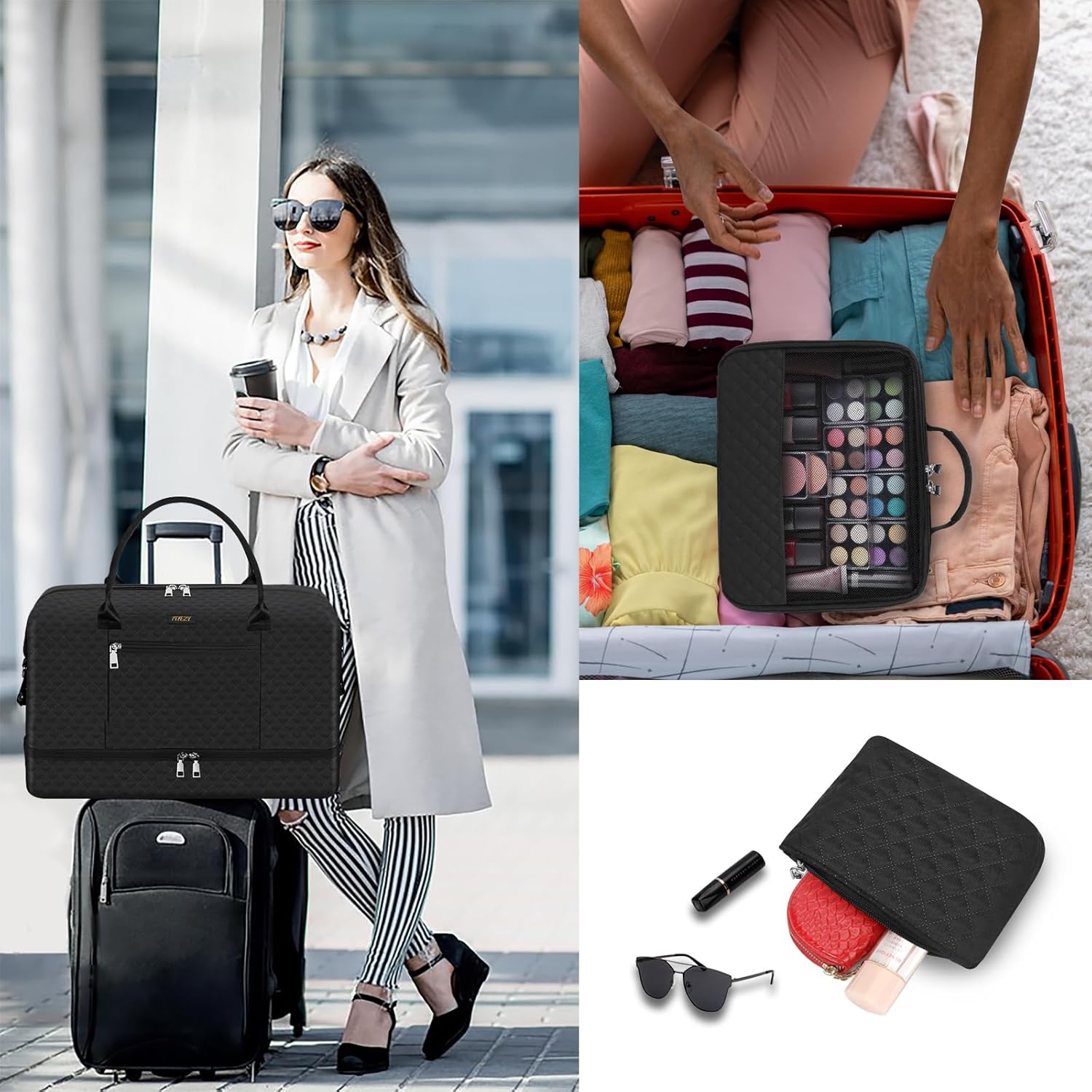 Weekender Bag for Women, Travel Duffel Bag Carry On Overnight Bag with Shoe Compartment Large Nylon
