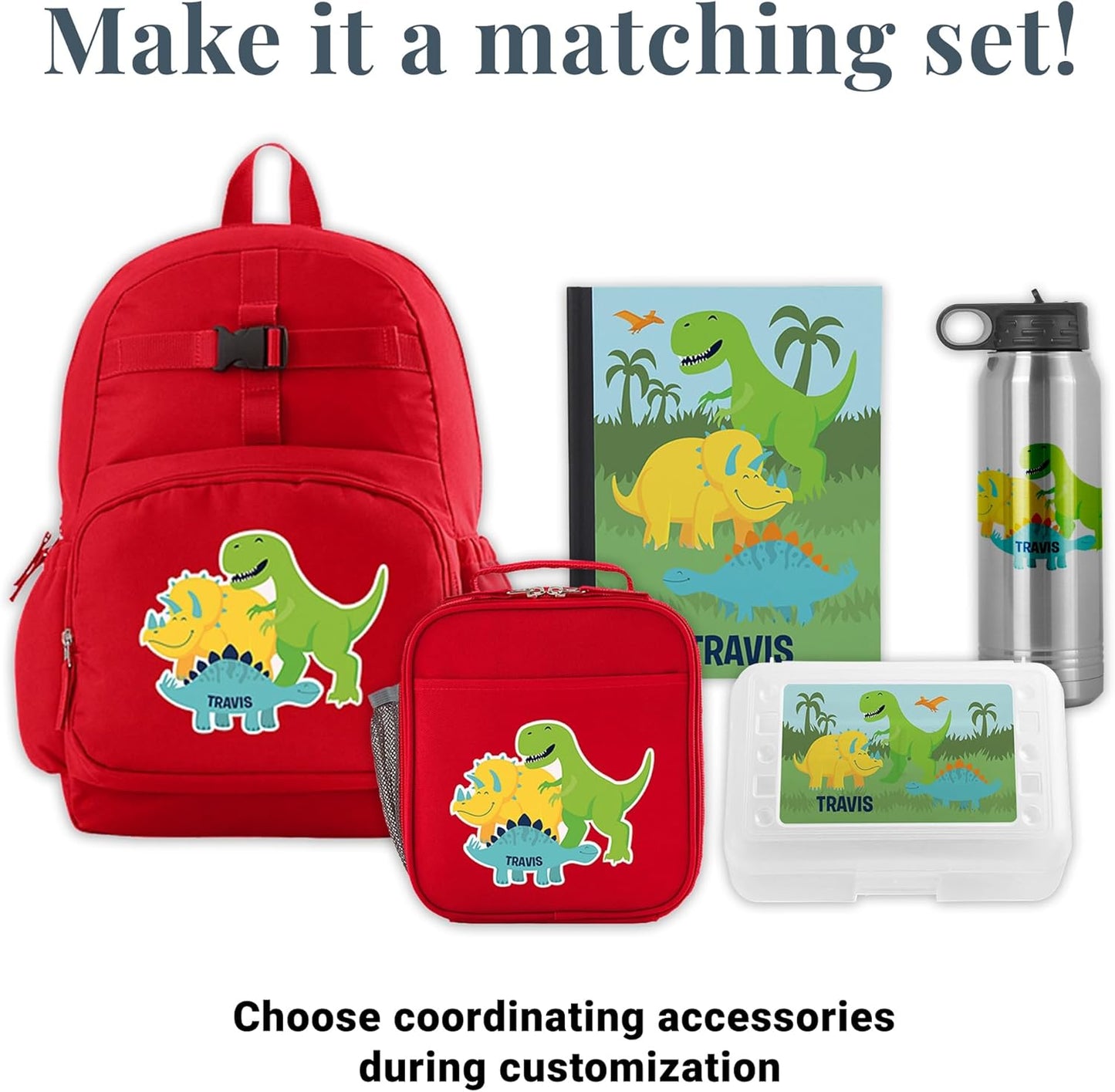 Let's Make Memories Kids Backpack for School - Personalized Back to School Supplies - Bookbag with Optional Lunch Box - Red, Dinosaurs