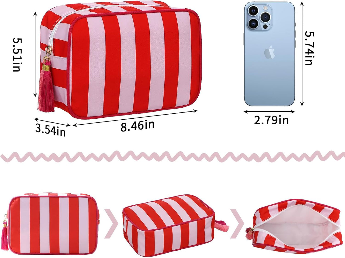 Stripe Makeup Bag Travel Cosmetic Bag Organizer Tassel Toiletry Bag Large Canvas Zipper Pouch and Accessories Storage Bag for Women
