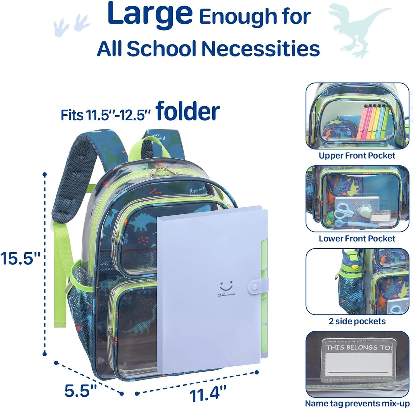 Bagseri Clear Backpack for Kids - 15 Inch Clear Bookbag for Boys Aged 3 to 8 Heavy Duty Transparent Backpack for School, Safe Reflective Strip, Cute Fabric Back Panel, Green Dinosaur