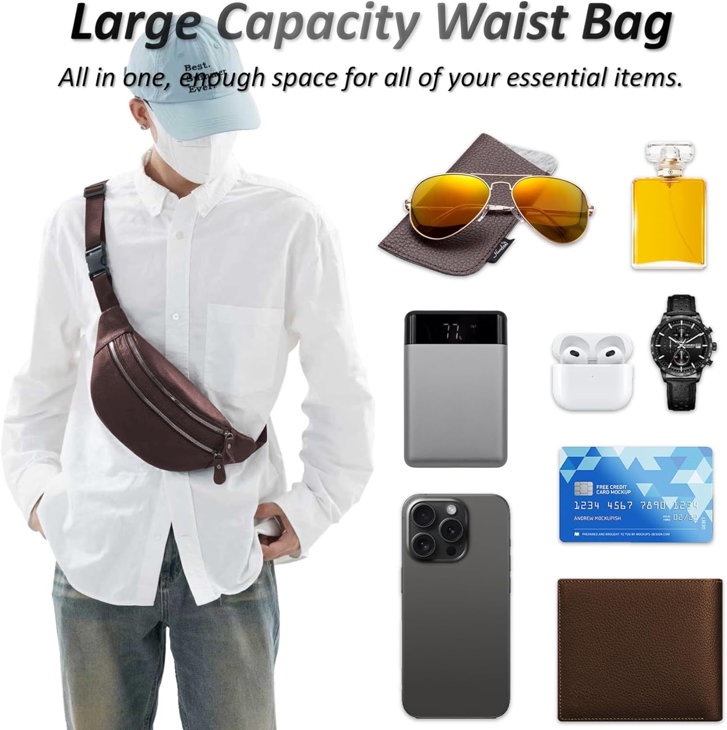 Genuine Leather Waist Bag, Outdoor Travel Waist Pack, Cowhide Leather Fanny Pack with Adjustable