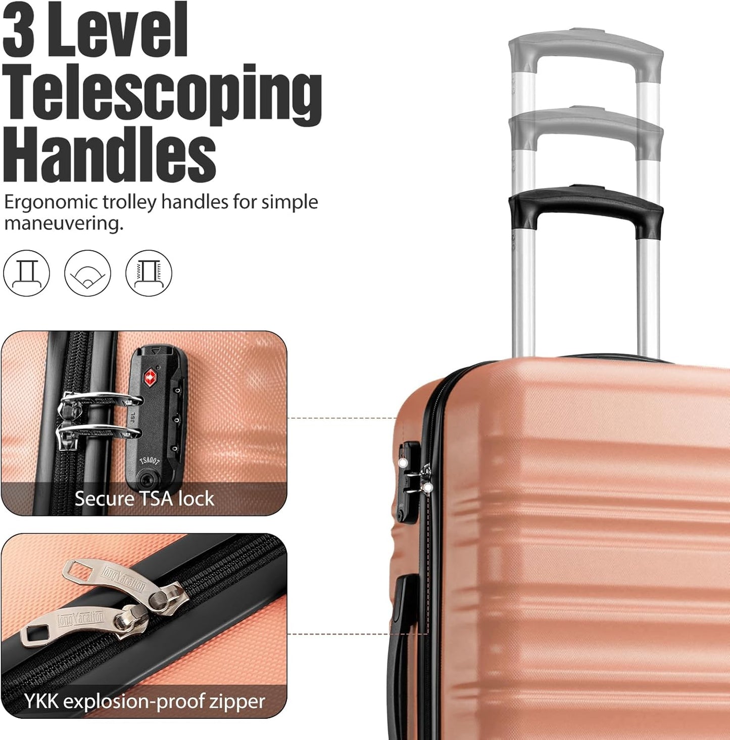 LONG VACATION Carry On Luggage Sets 3 Piece 20 Inch Suitcase Set, ABS+PC Hardshell Lightweight Travel Luggage with Spinner Wheels & YKK Zipper TSA Lock (PINK, 20 Inch)
