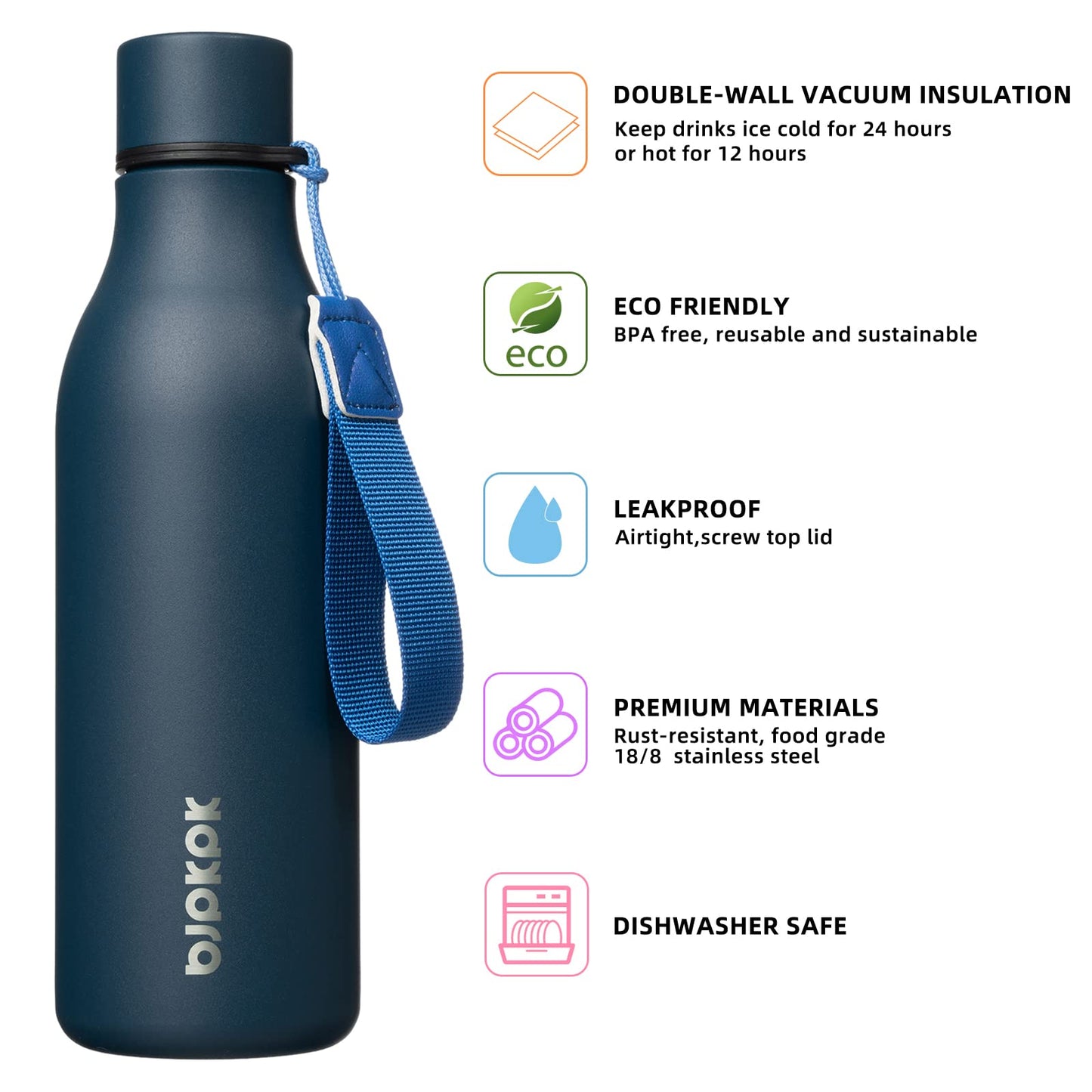 BJPKPK 18oz Insulated Water Bottle, Stainless Steel Bottle with Carry Strap