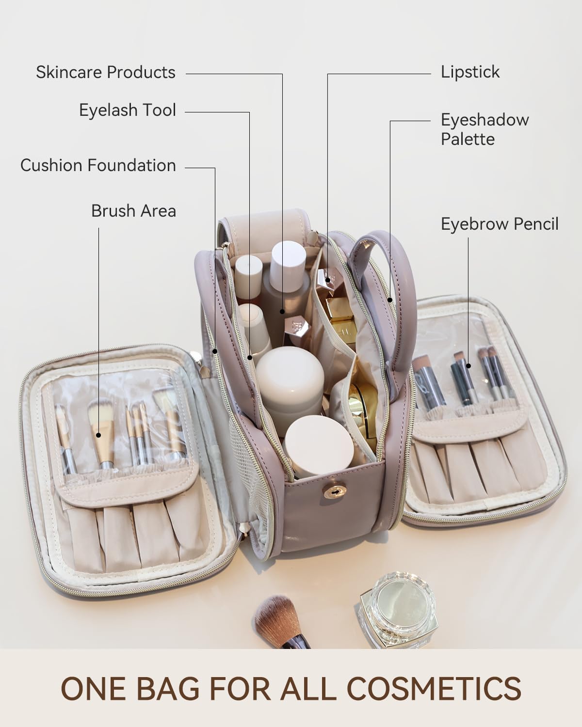 Prite Makeup Bag for Women, Large Capacity Waterproof Travel Cosmetic Organizer, Portable Open Flat Toiletry Bag with Free-standing Brush Holder and Handle(Purple Meidum)