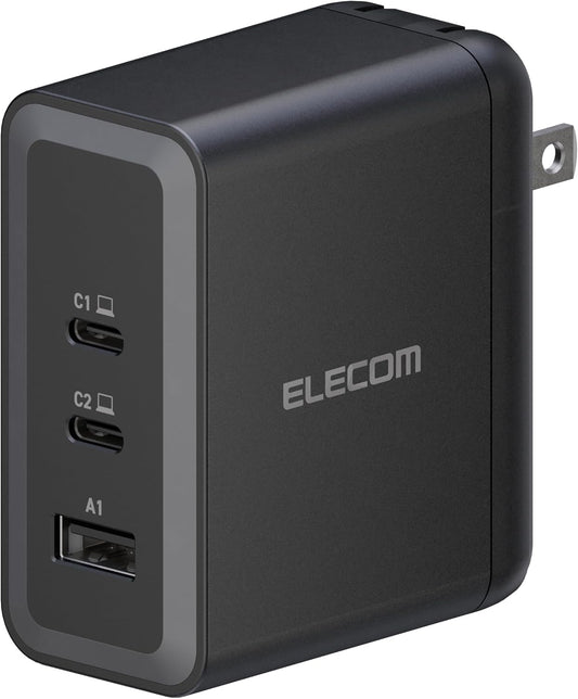 ELECOM 100W USB C Wall Charger Block, 3 Multi Port GaN II Smart PD, Ultra-Fast Charging, Compact Power Adapter for Multiple Devices, Laptops, Tablets, iPhone, iPad, Watch, Speakers, Airpods - Black