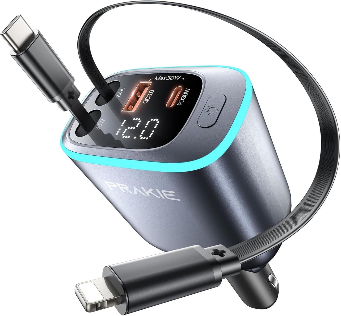 iPhone Car Charger, Retractable Fast USB C Phone Charger, 4 in 1 Cigarette Lighter Adapter with 2 Cables 30 Inch and 2 USB Ports, Multi Port USB Car Charging for iPhone 17/16/15/14/13/Pro Max