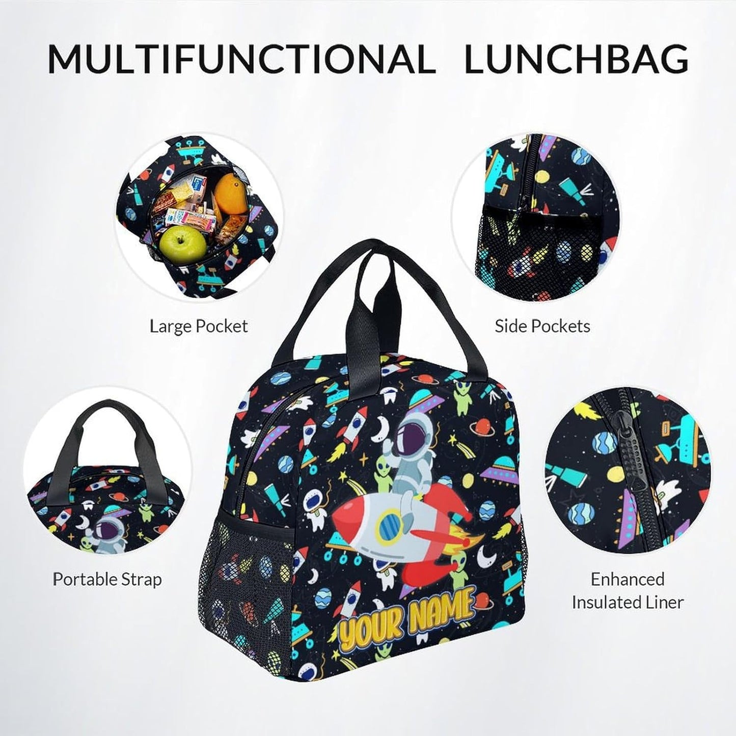 Backpack and Lunch Box Set for School - 17 Inch Custom Space Backpack Set for Kids - Personalized 3 in 1 Cool Bookbag for Primary Middle