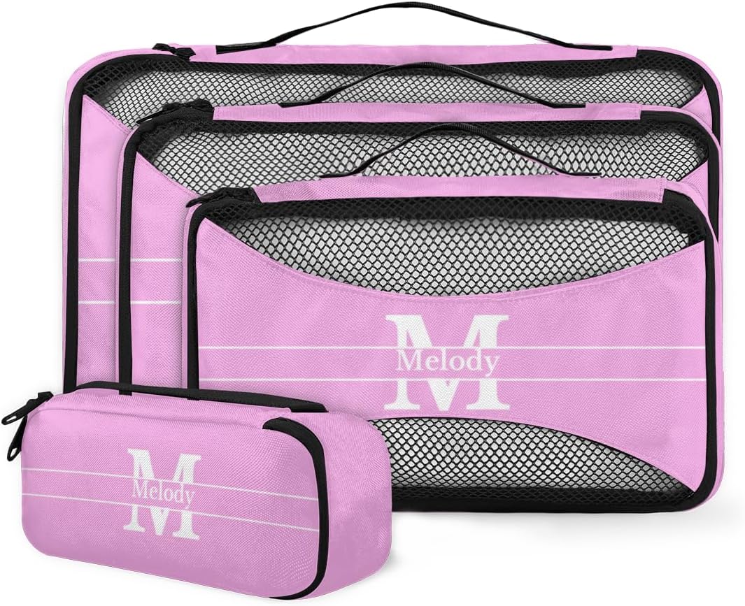 Personalized Name 4 Set Packing Cubes Pink Luggage Packing Organizers Travel Accessories for Women Girls with Initial Letter