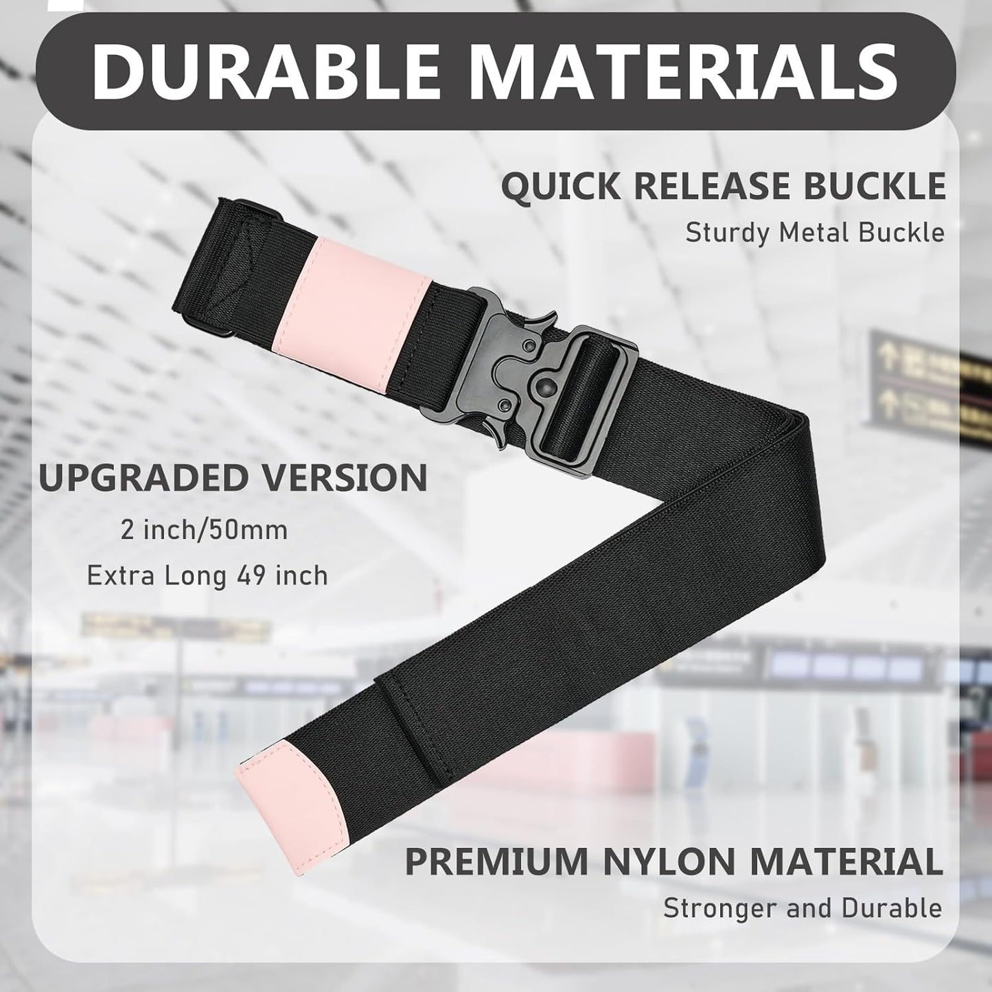 Travel Belt for Luggage, Adjustable Luggage Straps, Add a Bag Luggage Strap for Carry On Bag, Personalized Travel Accessories for Women & Men (Black & Pink)