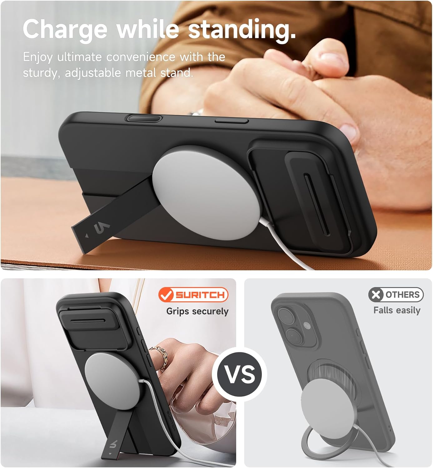 SURITCH for iPhone Air Case with Camera Control Cover, Camera Slide Cover and Adjustable Kickstand, Compatible with MagSafe, Shockproof Bumper Protective Cases for iPhone 17 Air 6.5 Inch, Black