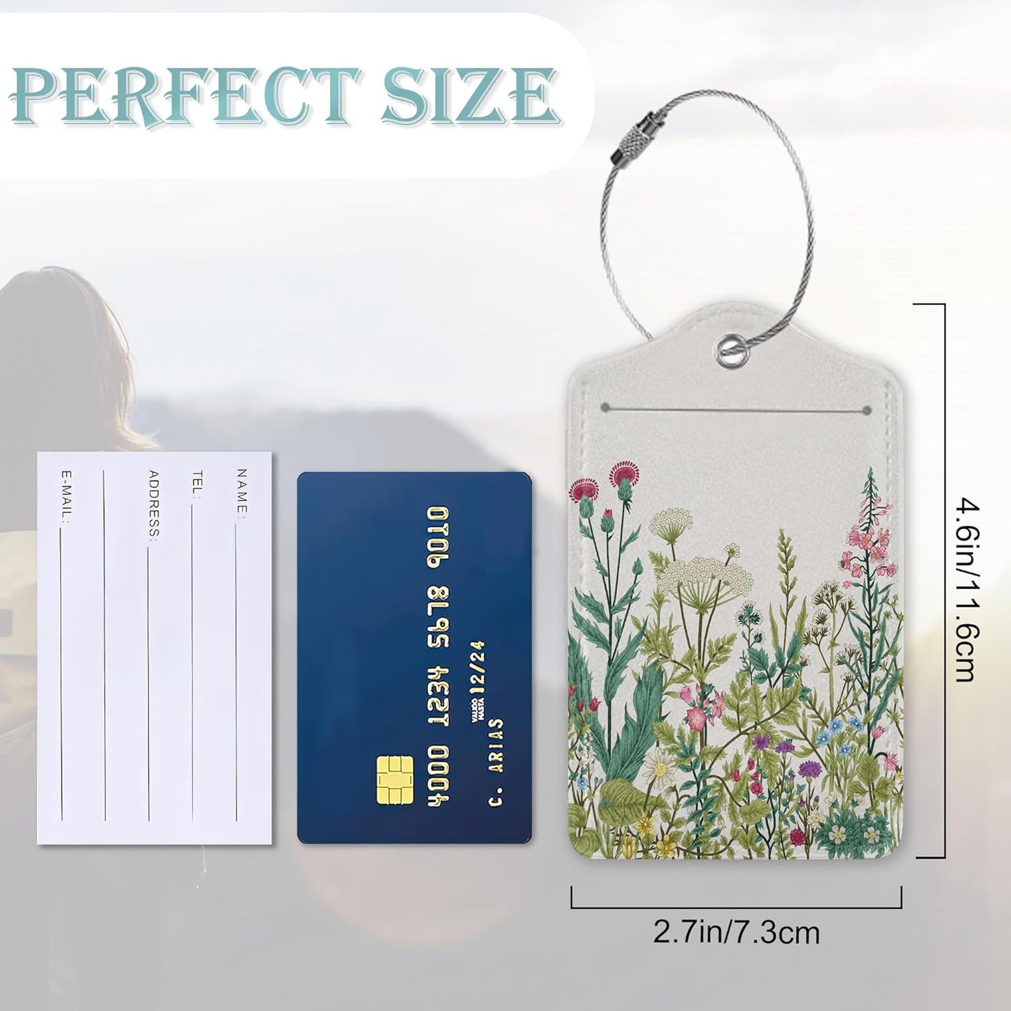 Luggage Tags for Suitcase,2 Pack Colorful Wildflower Herb Luggage Tag PU Leather Privacy Cover ID Label with Stainless Steel Loop for Women Men Teens Travel