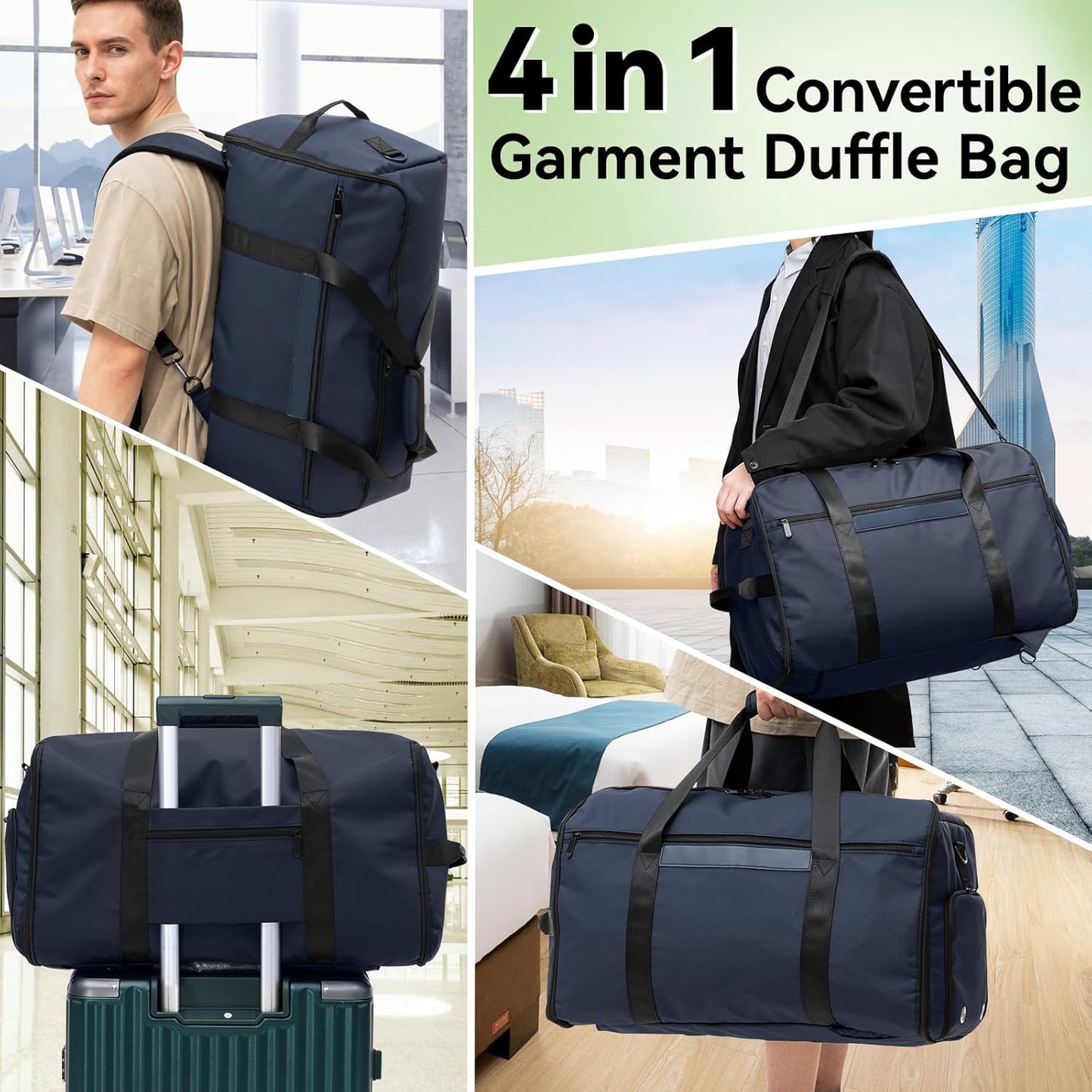 GARPROVM Garment Bags for Travel, 4 in 1 Convertible Garment Duffle Bags with Separated Suit Bag Shoe Compartment, Waterproof Carry On Luggage Bag Backpack Weekender Bag for Short Trip, Navy