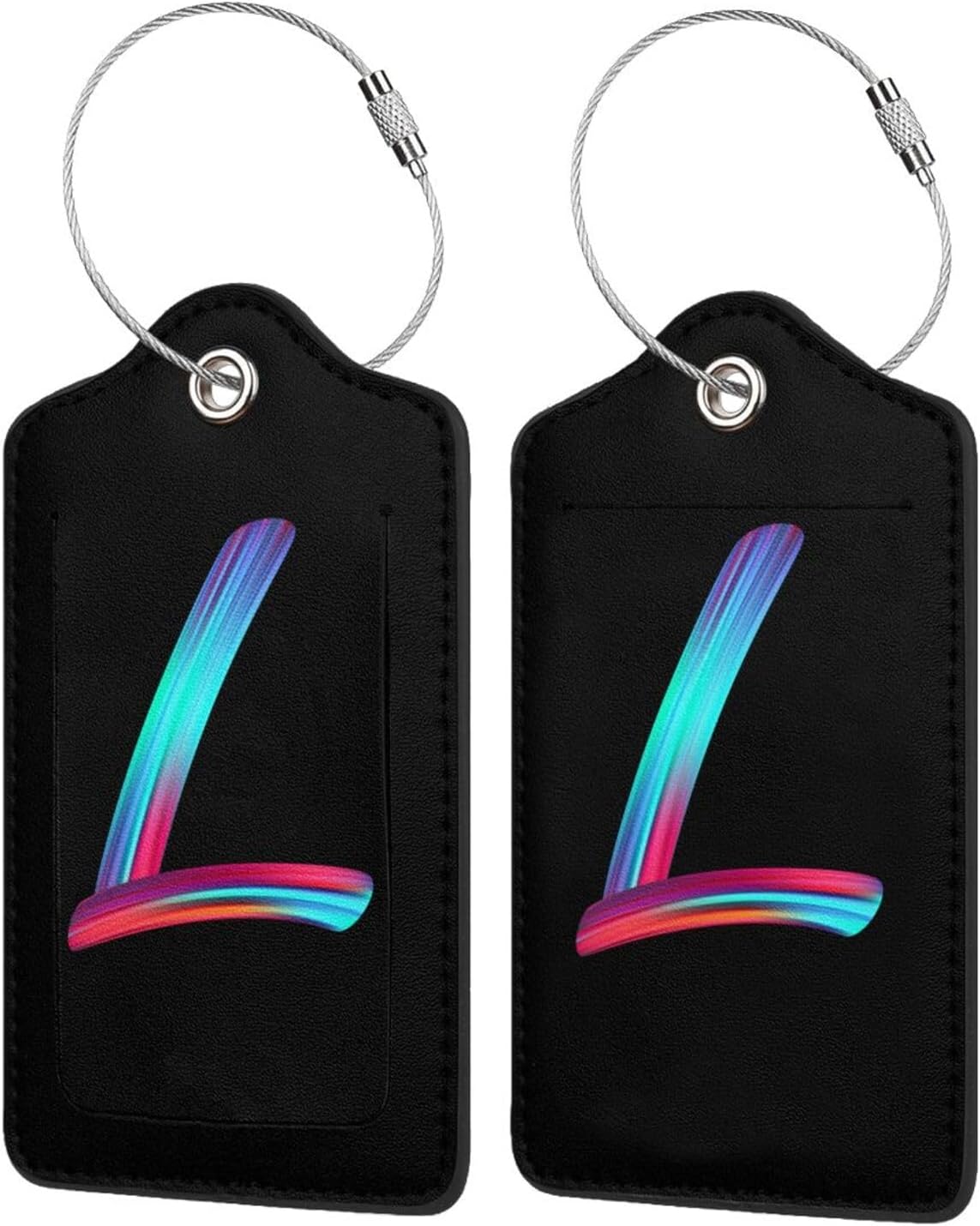 2 Pack Initial Luggage Tags for Suitcase, Colorful Letter Design Cruise Name Bag Tags, Novelty Baggage Identifiers with Full Privacy Cover, Leather ID Label for Women Men Kids Travel, Rainbow Letter L