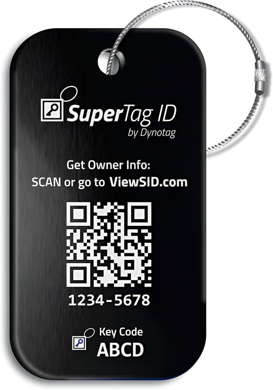 Dynotag® Sentry Series Solid Metal Web Enabled Smart Luggage Tag ID + Steel Loop, Anodized Aluminum with DynoIQ™ & Lifetime Recovery Service (Midnight Black)