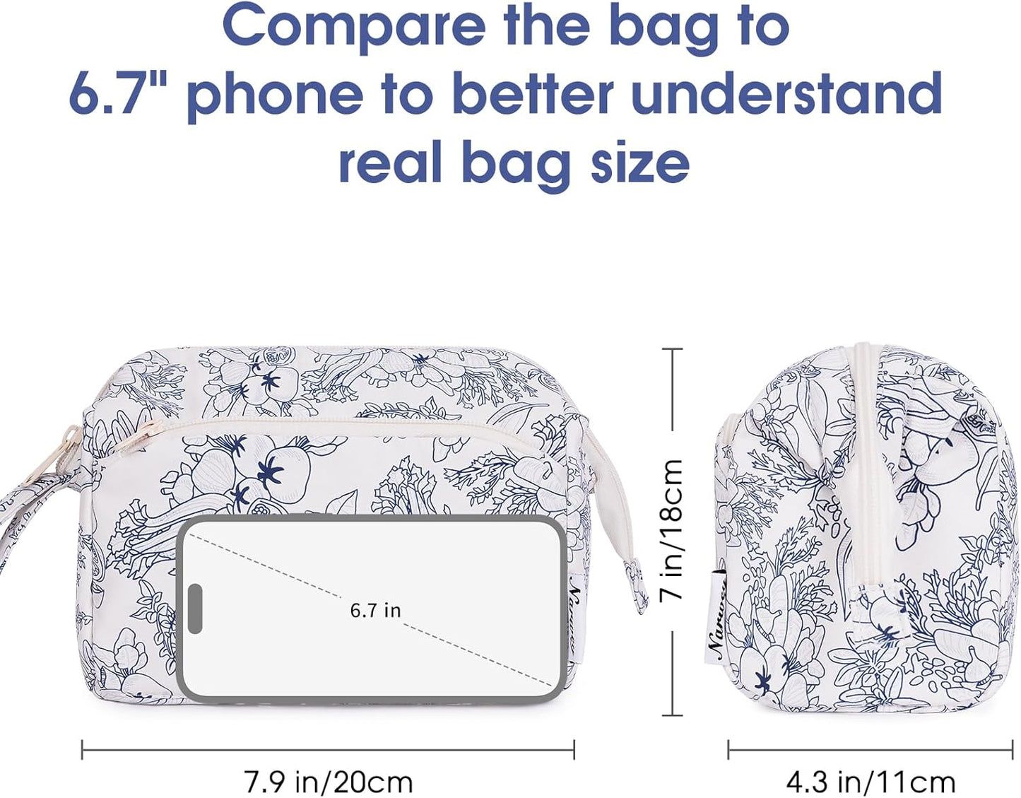Narwey Women Makeup Bag Wide-open Make up Bag Travel Cosmetic Organizer Toiletry Bag for Cosmetics Toiletries Accessories (Navy Blue Flower)