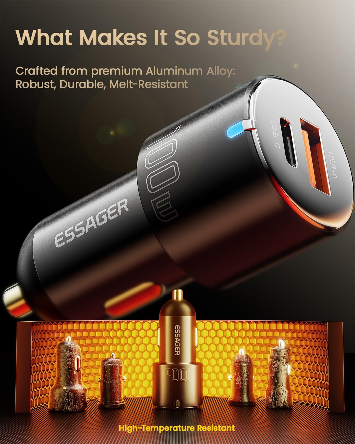 Essager 100W USB C Car Charger, 2-Port USB-C & USB-A Fast Charging Cigarette Lighter Adapter PD3.0/PPS/QC3.0 All Metal Type C Car Charger for iPhone 16/15/14/13 Pro Max, Samsung Galaxy, iPad, MacBook